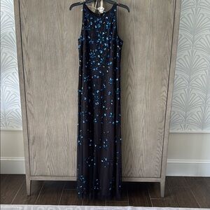 Adrianna Papell Sequin Embellished Halter Gown Black beaded with Blue sequins